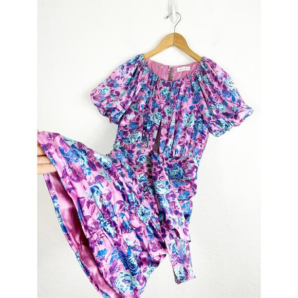 For Love & Lemons Tahiti Ruched Mini Dress Small Purple Floral Satin Cottagecore - Picture 10 of 14